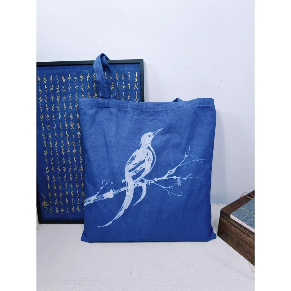 Nüshu Happiness Batik Tote | Indigo Magpie Plum Blossom Chinese Art Bag